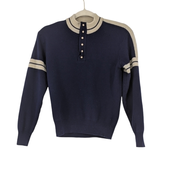 VTG MEISTER 100% New Wool Sweater Pullover Partial Button Navy Blue & Tan L - Picture 1 of 12